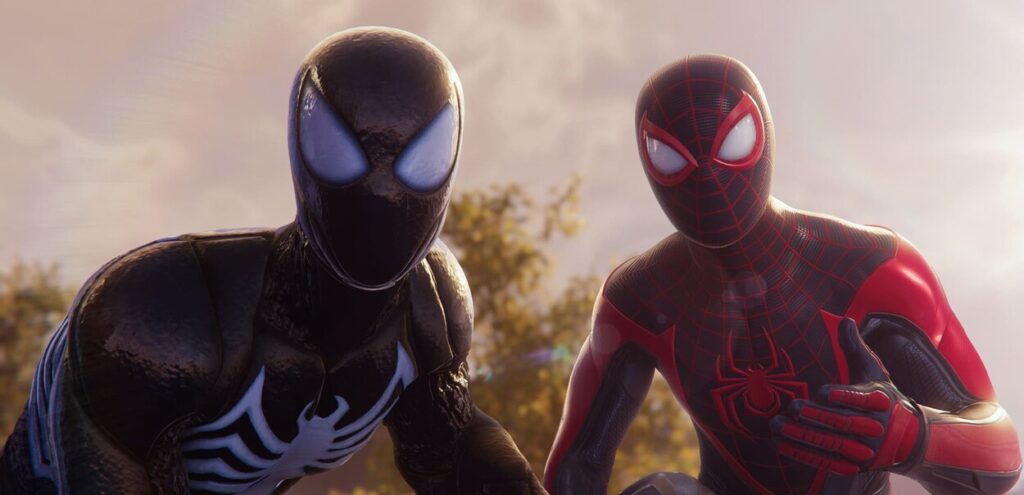 Peter Parker w stroju symbionta i Miles Morales w Marvel's Spider-Man 2