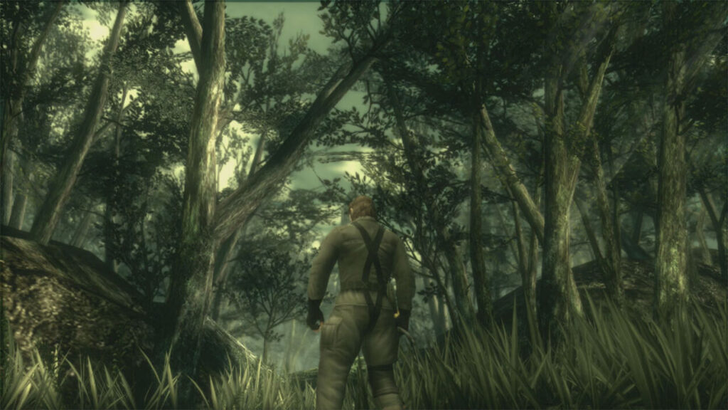 Główny bohater Metal Gear Solid 3 stojący w lesie