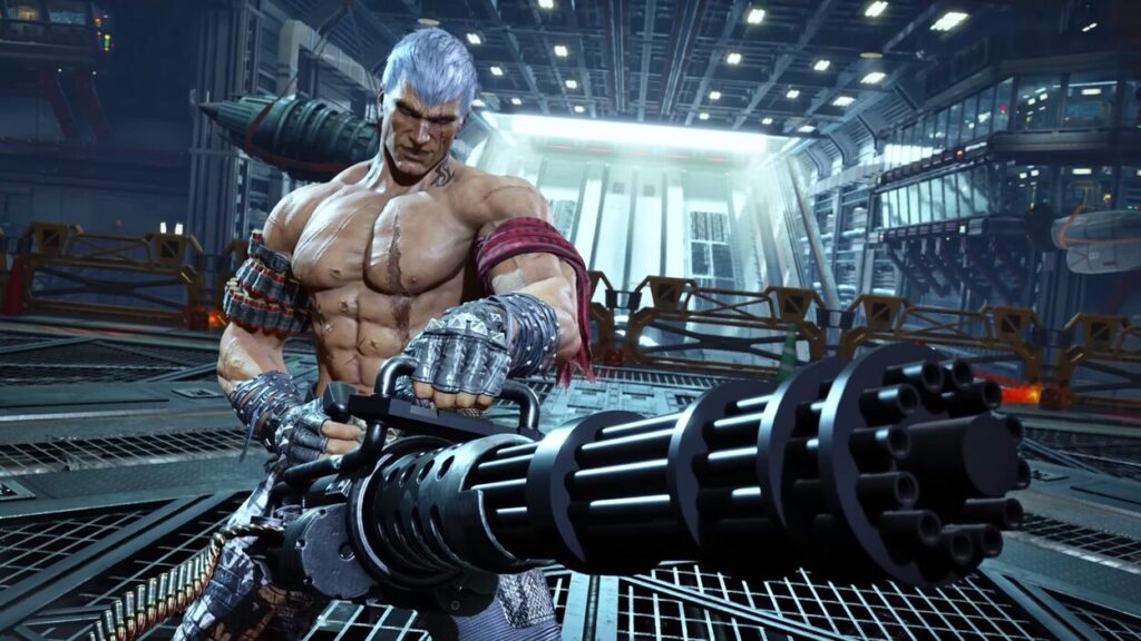 Bryan Fury z minigunem w grze Tekken 8
