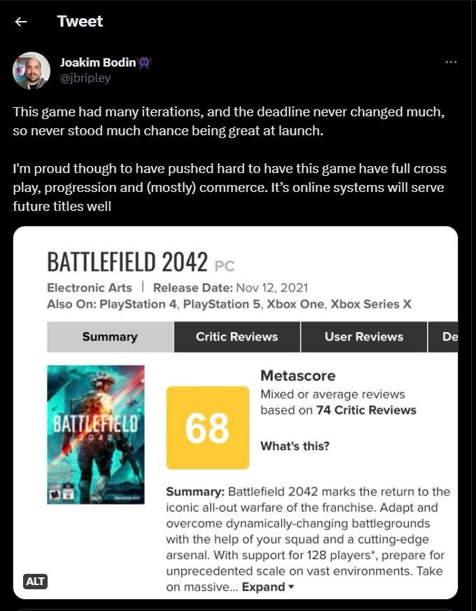 Tweet o Battlefield 2042