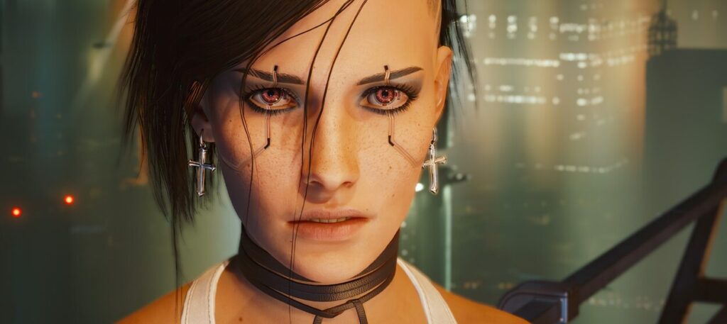 Bohaterka Cyberpunk 2077 na tle miasta