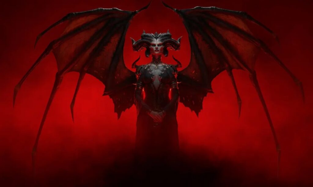 Lilith z Diablo 4 na czerwonym tle
