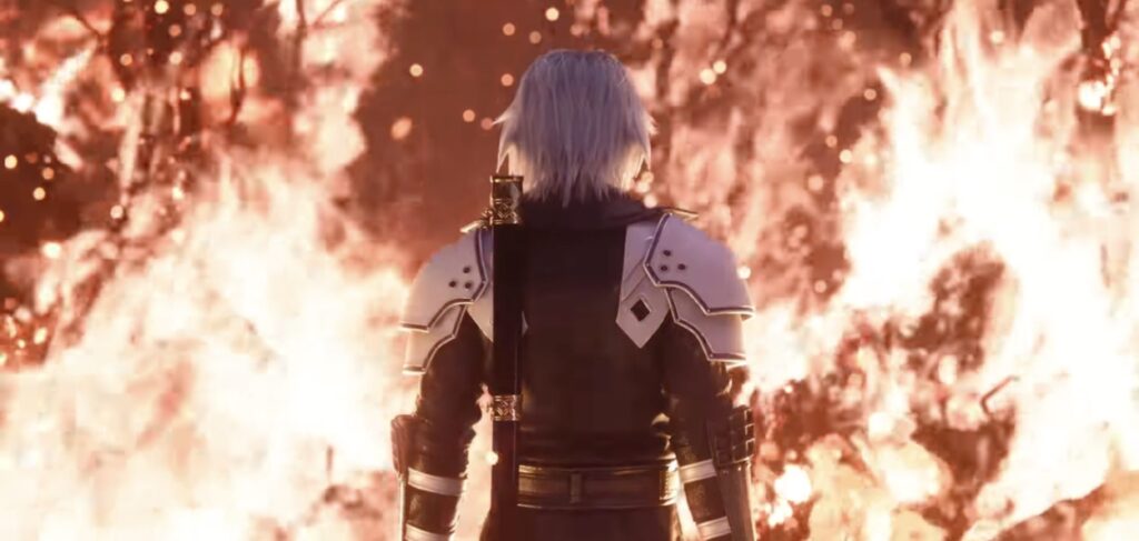 Postać z Final Fantasy 7 Ever Crisis odwrócona tyłem na tle ognia