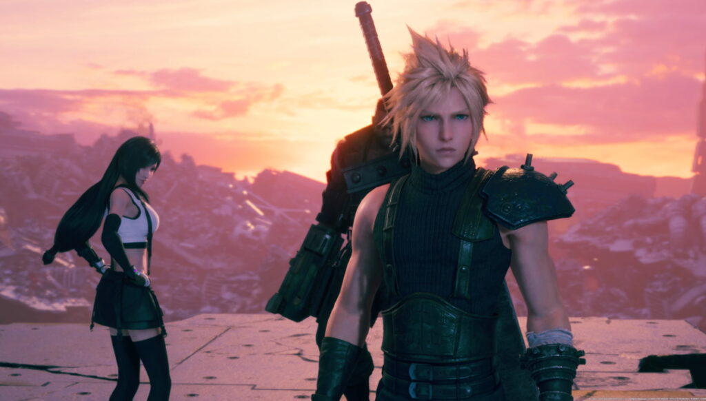 Postacie z Final Fantasy 7 Remake na tle zachodzącego słońca