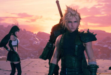 Postacie z Final Fantasy 7 Remake na tle zachodzącego słońca