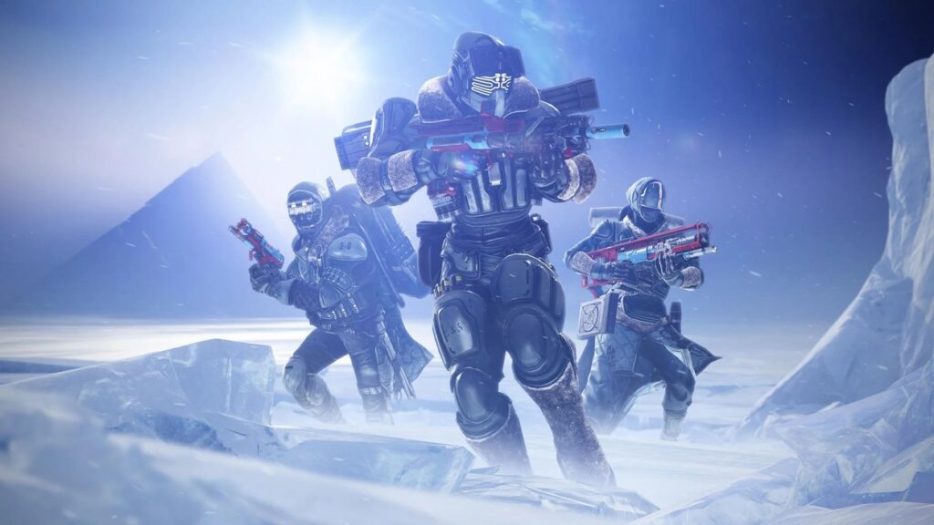 Trzy postacie z Destiny 2 w zimowej lokacji