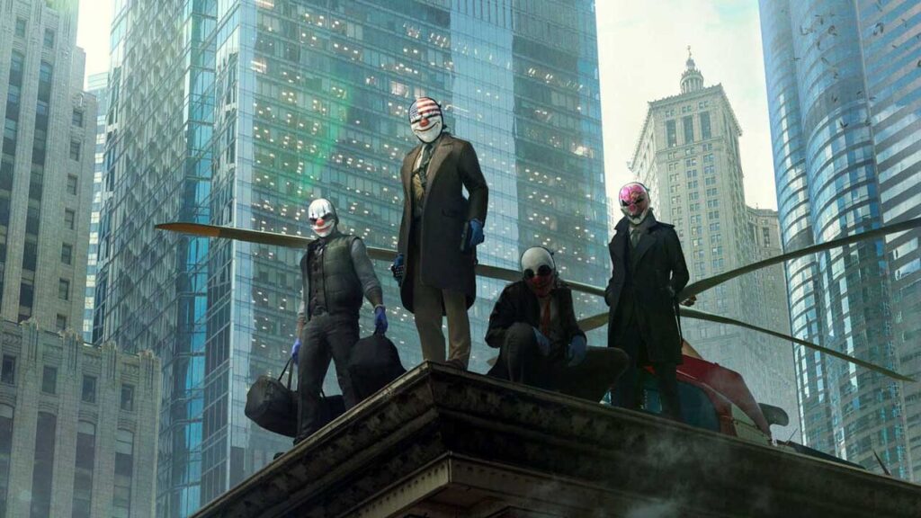 Grupa bohaterów z PayDay 3 stojąca na dachu budynku