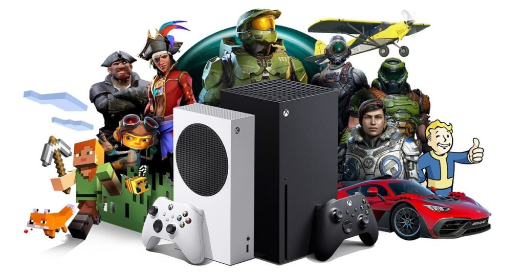 Konsole Xbox Series X/S i bohaterowie z gier objętych Game Passem w tle