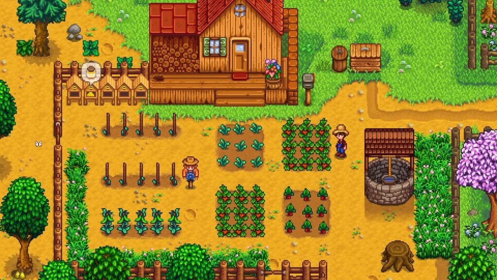 Farma z domkiem, pasieką i strachem na wróble w pikselowej grafice w Stardew Valley