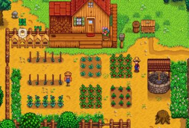 Farma z domkiem, pasieką i strachem na wróble w pikselowej grafice w Stardew Valley