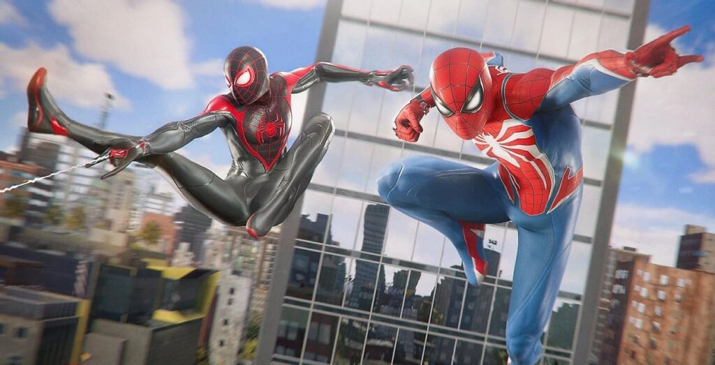 Dwóch Spider-Manów w kostiumach w grze Spider-Man 2