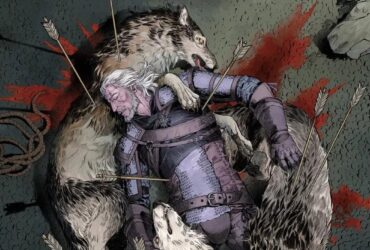 Geralt z wilkami na okładce komiksu