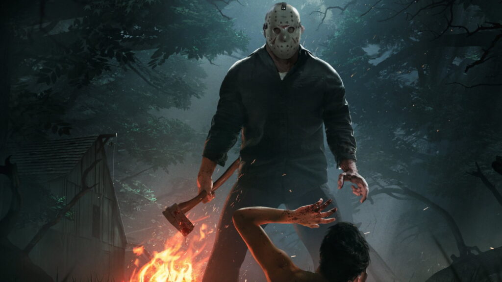 Człowiek z siekierą w masce hokeisty nad ofiarą z Friday the 13th: The Game