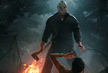 Człowiek z siekierą w masce hokeisty nad ofiarą z Friday the 13th: The Game