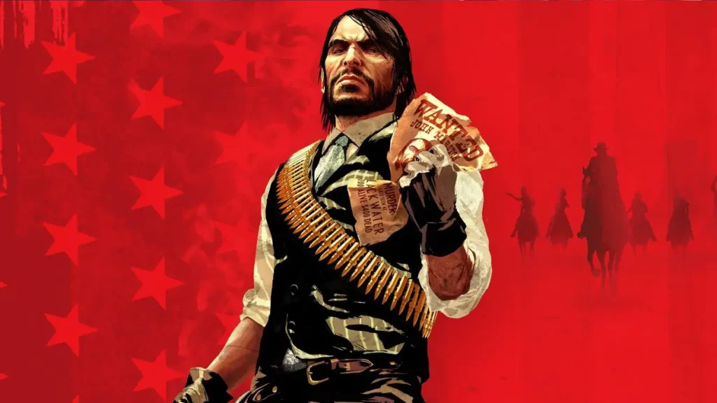 Baner reklamowy Red Dead Redemption z głównym bohaterem gry na czerwonym tle