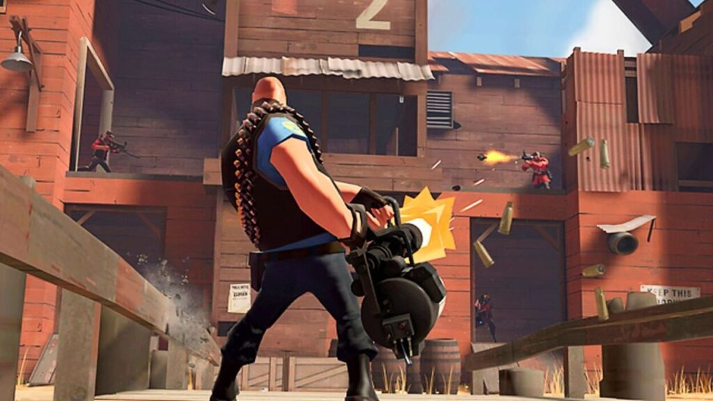 Postać z Team Fortress 2 strzelająca minigunem