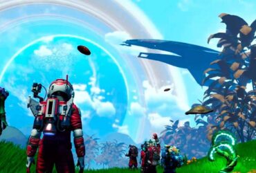 Bohater No Man's Sky w lokacji z wieloma zielonymi roślinami