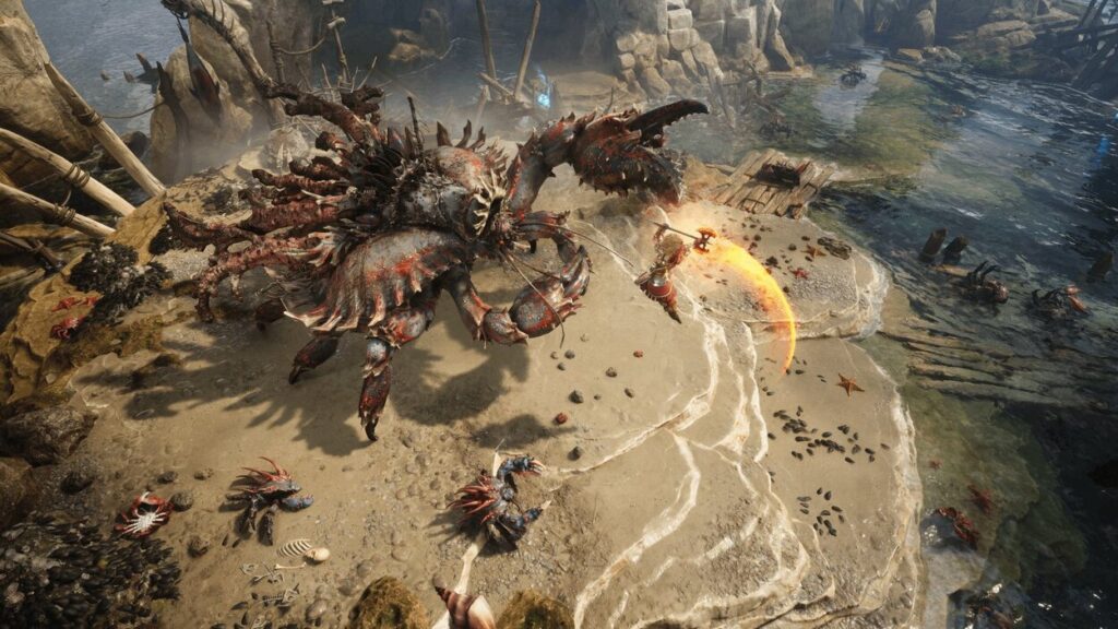 Bohater Titan Quest 2 walczy z ogromnym krabem