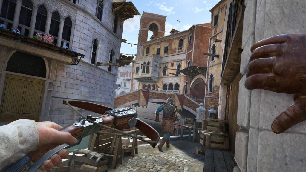 Gracz celujący kuszą w przeciwnika w Assassin's Creed Nexus