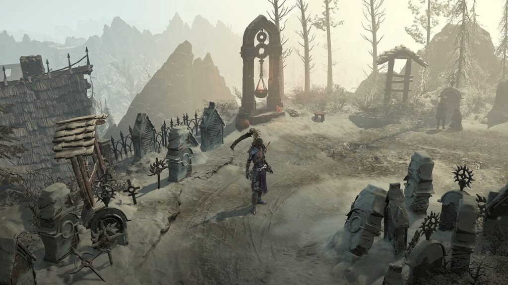 Bohater Diablo 4 stojący w ponurej wiosce