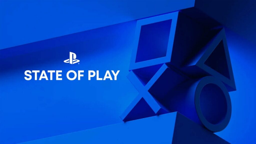 Logo State of Play z niebieskim tłem i symbolami PlayStation