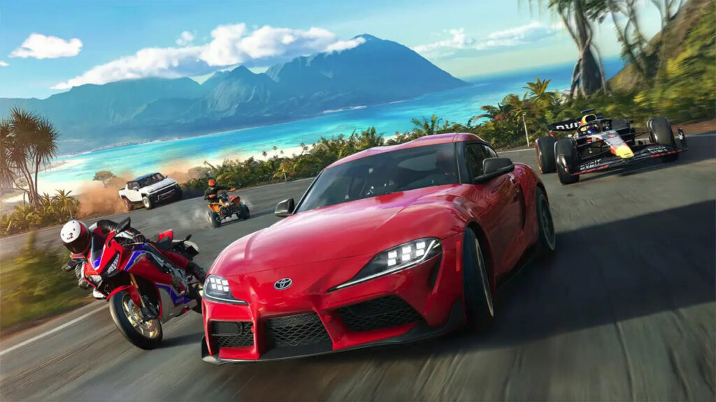 Toyota Supra jadąca obok motocykla