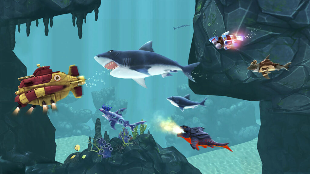 Kilka rekinów atakuje łódź podwodną w grze Hungry Shark Evolution