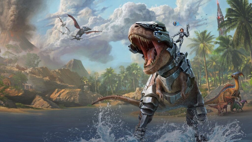 Grafika reklamowa ARK: Survival Ascended z dinozaurem
