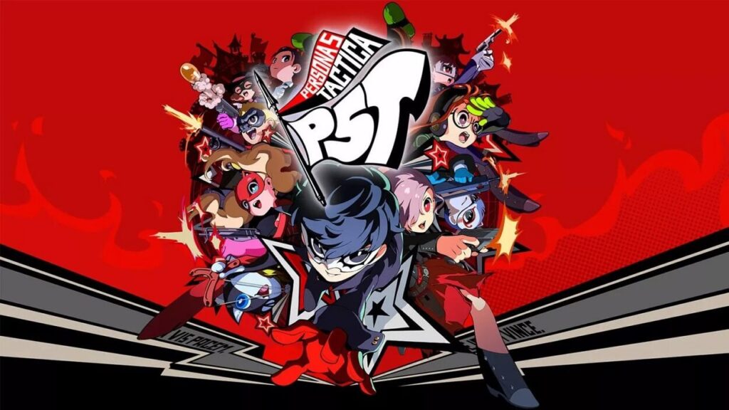 Zestawienie postaci z Persona 5 Tactica oraz logo gry