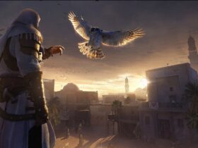Basim z sokołem i Bagdadem w tle na grafice koncepcyjnej do Assassin's Creed Mirage