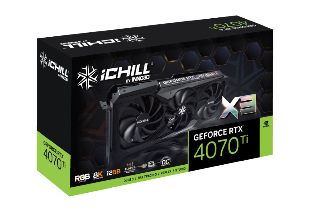 Pudełko z karty graficznej Inno3D RTX 4070 Ti iChill X3