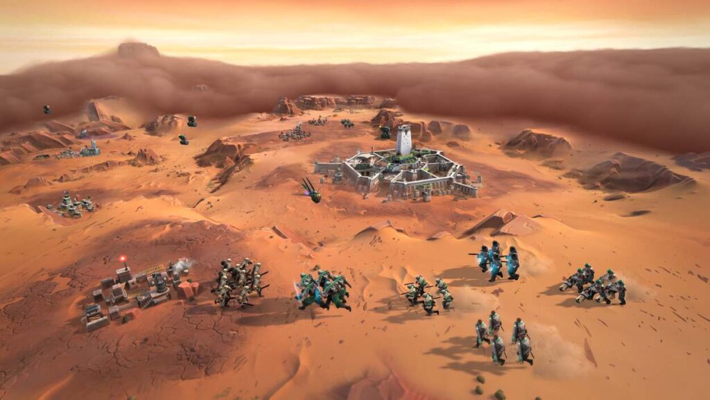 Pustynna mapa z jednostkami i budynkami w Dune: Spice Wars