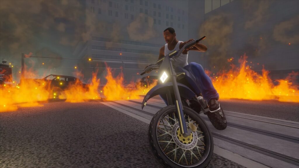 Carl Johnson z GTA San Andreas na motorze z ogniem w tle