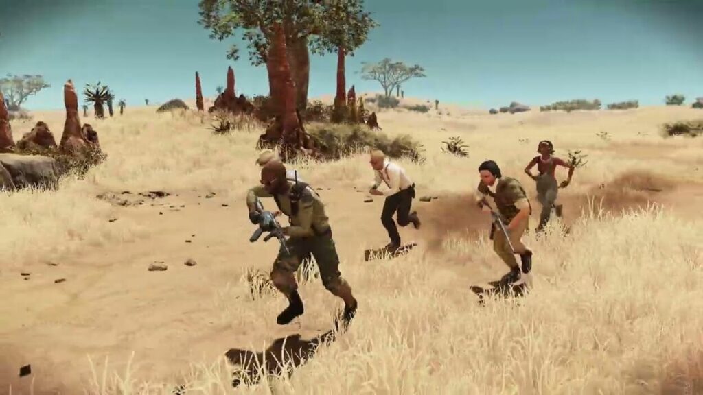 Kilku bohaterów Jagged Alliance 3 biegnie przez pustynię