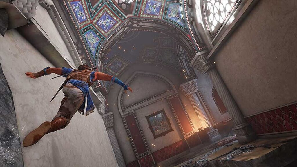 Bohater Prince of Persia: Sands of Time Remake skaczący po ścianie w korytarzu