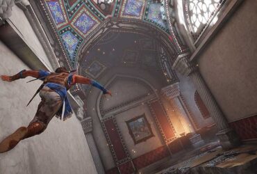 Bohater Prince of Persia: Sands of Time Remake skaczący po ścianie w korytarzu