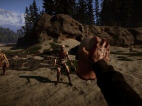 Gracz pokazujący odciętą głowę kanibalom w Sons of the Forest