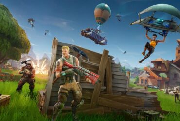 Postać w Fortnite kryjąca się za ścianą przed lecącymi z nieba przeciwnikami