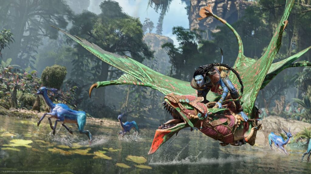 Na'vi lecący na ikranie nad taflą wody w Avatar: Frontiers of Pandora