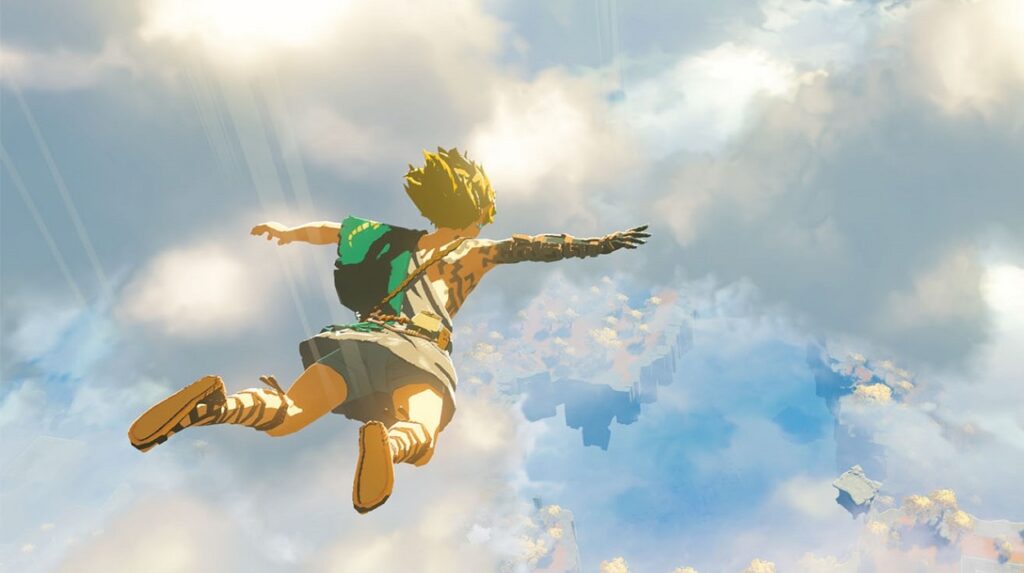Link z The Legend of Zelda: Tears of the Kingdom spadający w chmurach