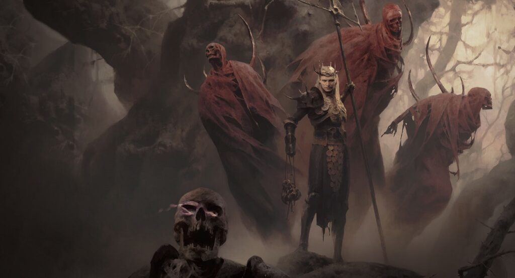 Nekromanta z upiorami na grafice z Diablo 4