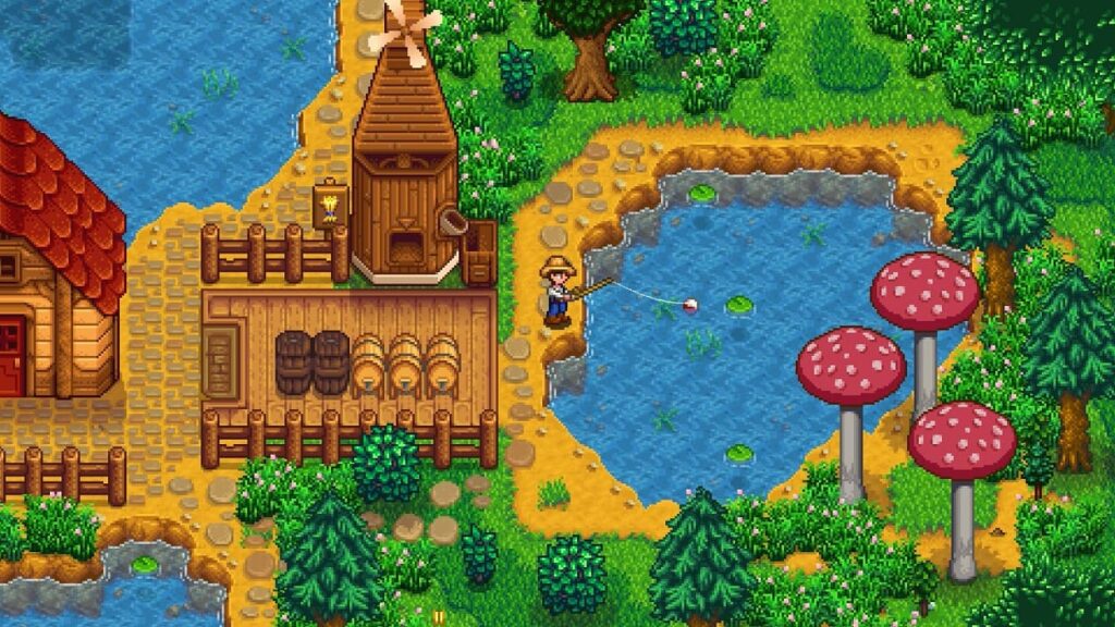 Postać w Stardew Valley łowiąca ryby w stawie
