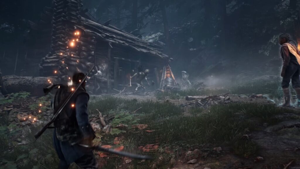 Gracz idący w stronę opuszczonej chaty w grze Banishers Ghosts Of New Eden
