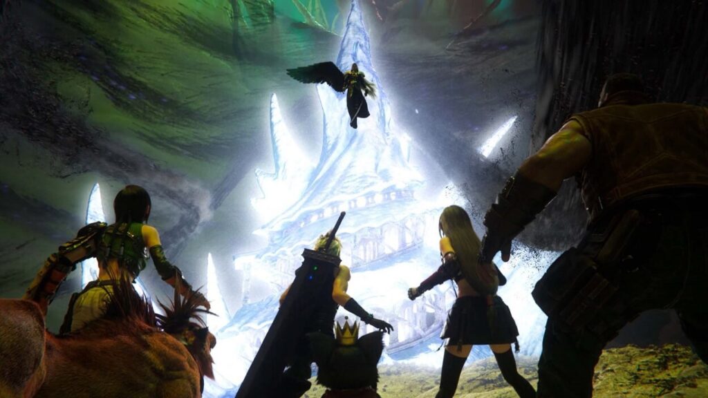 Drużyna postaci z Final Fantasy 7 Rebirth patrząca na Sephirotha