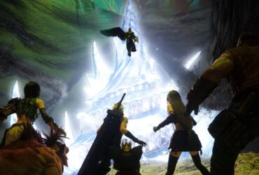 Drużyna postaci z Final Fantasy 7 Rebirth patrząca na Sephirotha