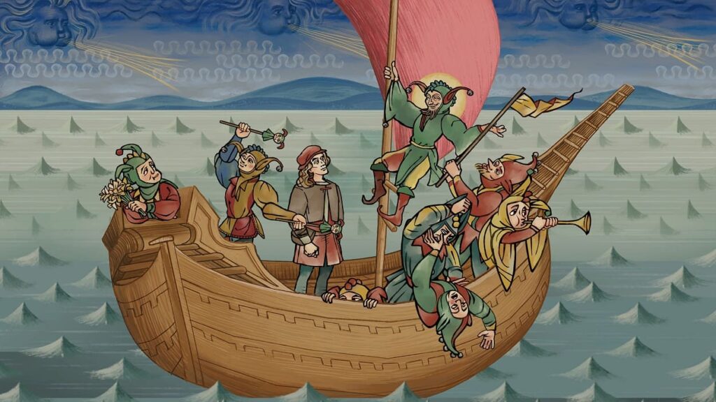 Statek pełen błaznów w stylu średniowiecznych ilustracji w Pentiment