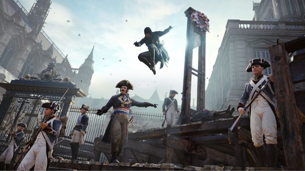 Asasyn podczas ataku przy gilotynie w Assassin's Creed Unity