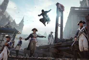Asasyn podczas ataku przy gilotynie w Assassin's Creed Unity