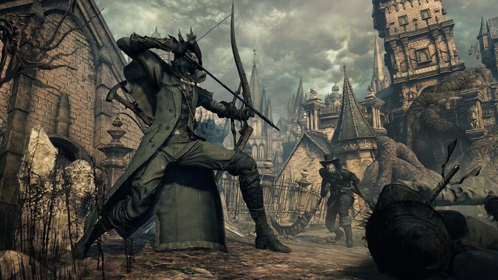 Bohater Bloodborne strzelający z łuku do przeciwnika