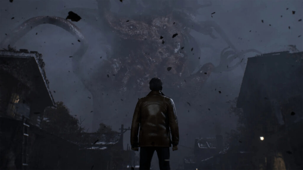 Bohater The Sinking City 2 patrzący na ogromnego potwora